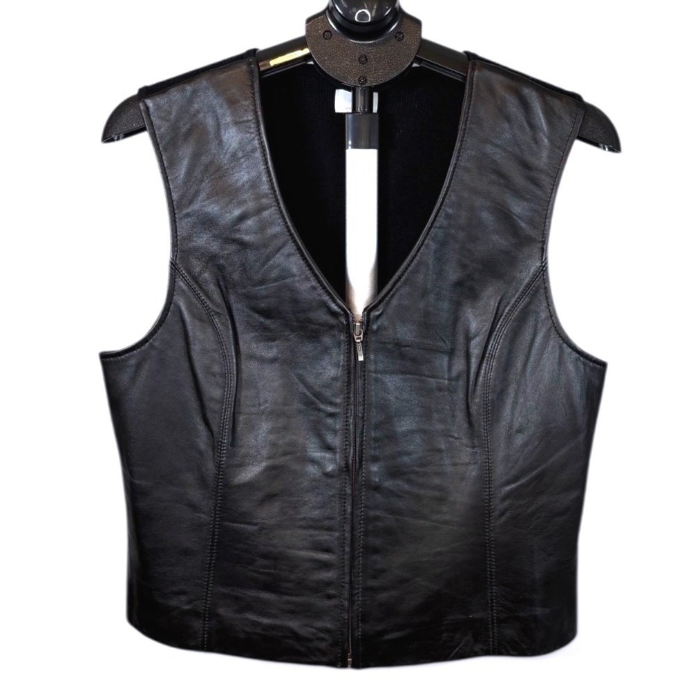 Apt 9 Womens Dark Brown Lambskin Leather Front Zip Up Knit Back Vest Size L